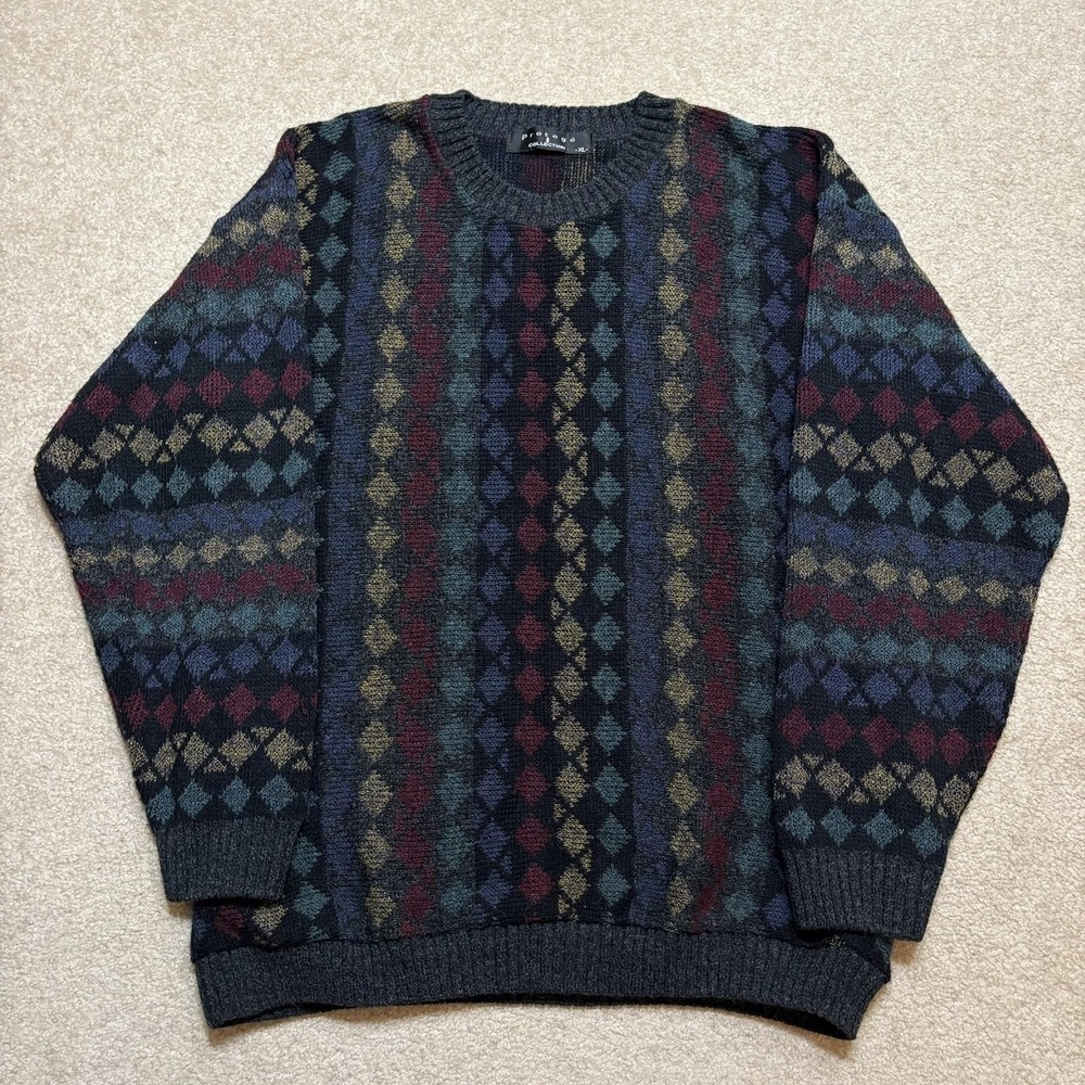 Vtg Protege Sweater Mens XL Multicolor Argyle Knit Crewneck Grandpa Indie Sleaze